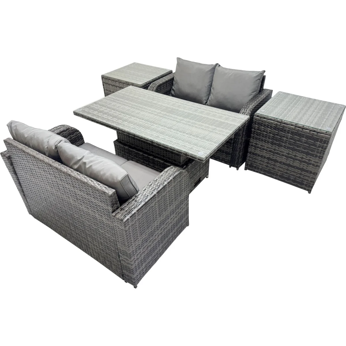Fimous 4-Seater Patio Rattan Sofa Set with Adjustable Rising Table and 2 Side Tables Dark Grey Mixed - Dark Grey Mixed – image 3