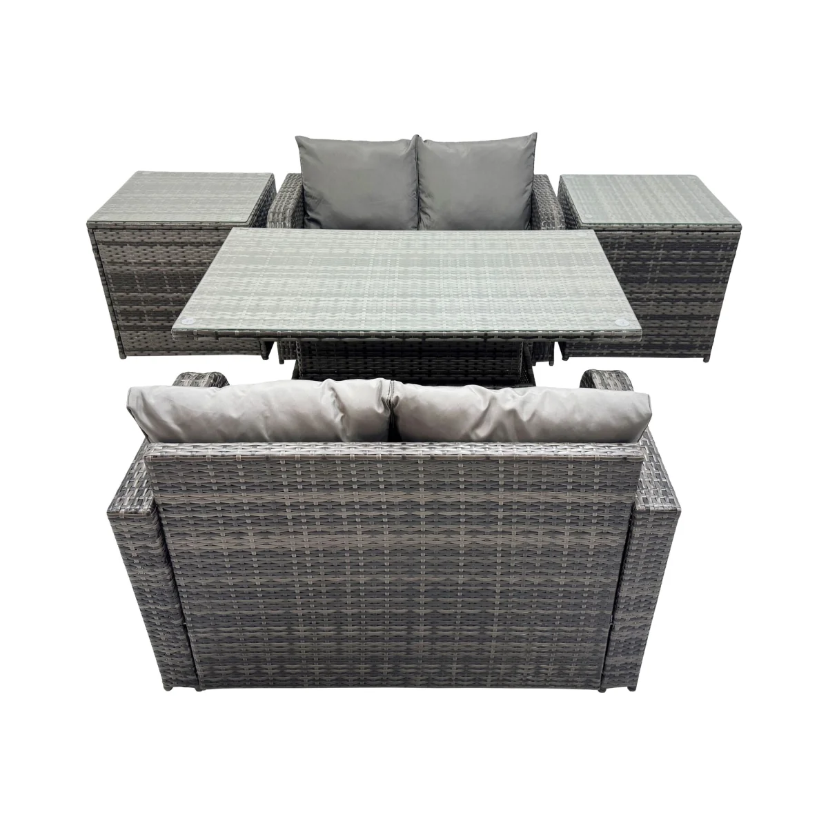 Fimous 4-Seater Patio Rattan Sofa Set with Adjustable Rising Table and 2 Side Tables Dark Grey Mixed - Dark Grey Mixed – image 1