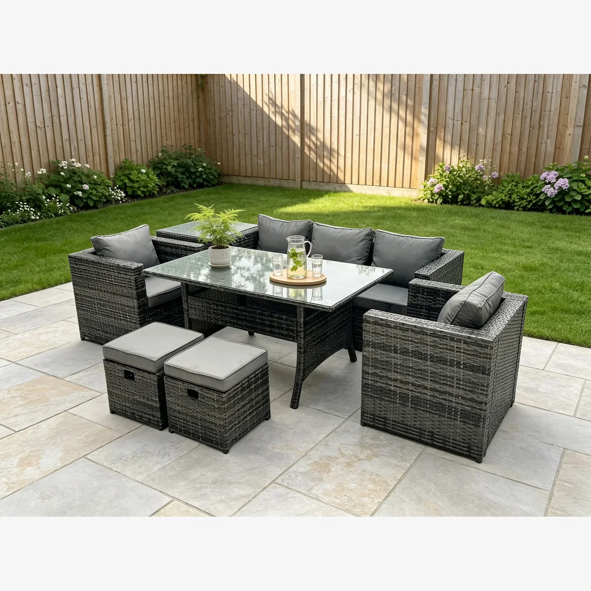 Fimous 7-Seater Rattan Lounge Sofa Set with Dining Table, Side Table - Dark Grey
