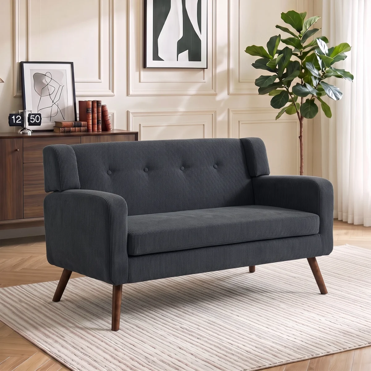 HOMCOM 2 Seater Sofa, 118 cm Corduroy Small Loveseat Sofa - Dark Grey – image 2