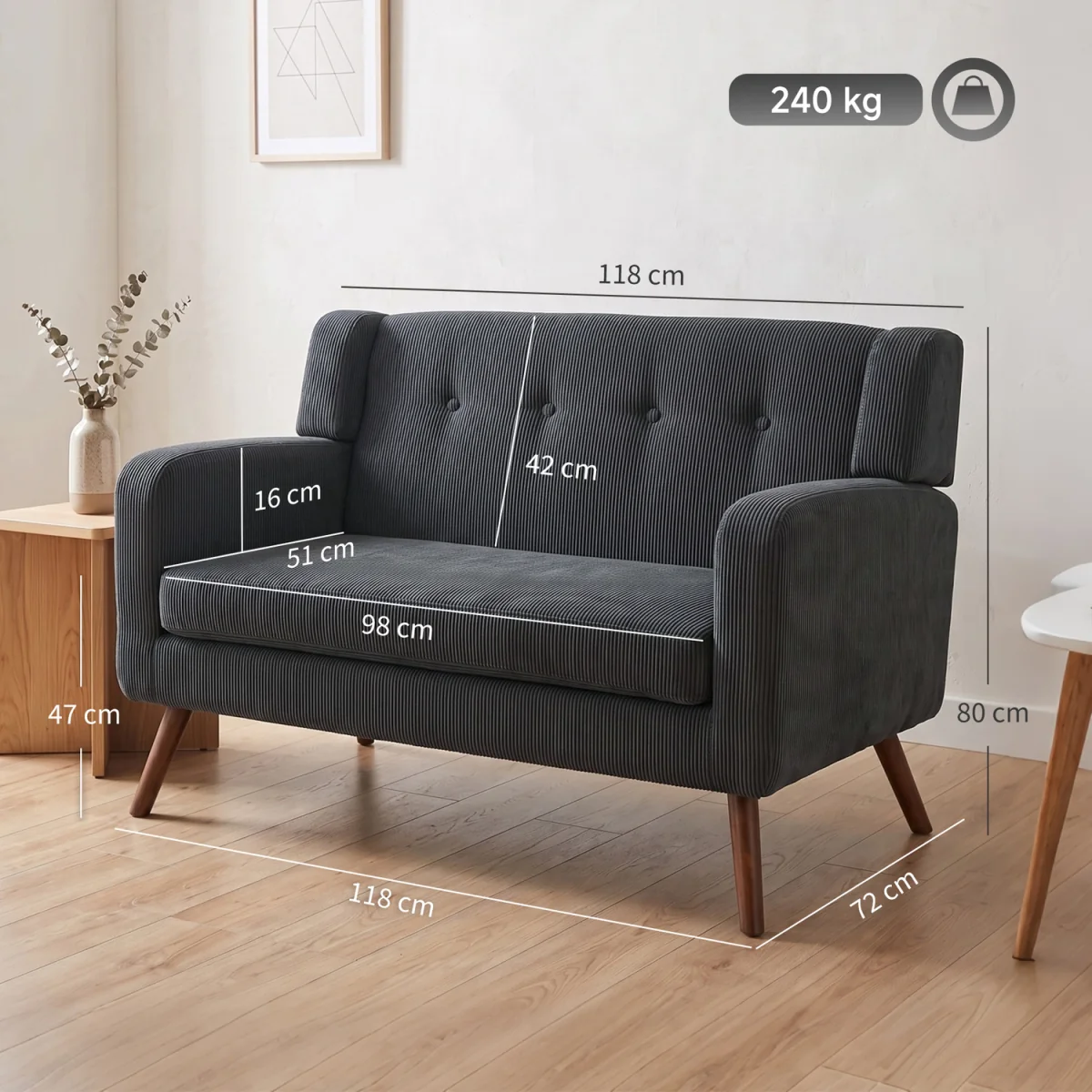 HOMCOM 2 Seater Sofa, 118 cm Corduroy Small Loveseat Sofa - Dark Grey – image 4