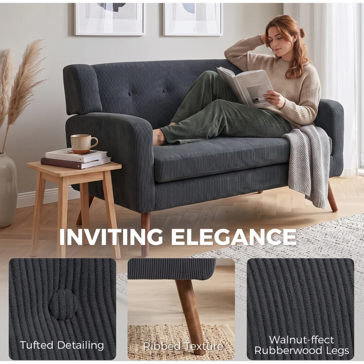 HOMCOM 2 Seater Sofa, 118 cm Corduroy Small Loveseat Sofa - Dark Grey – image 8