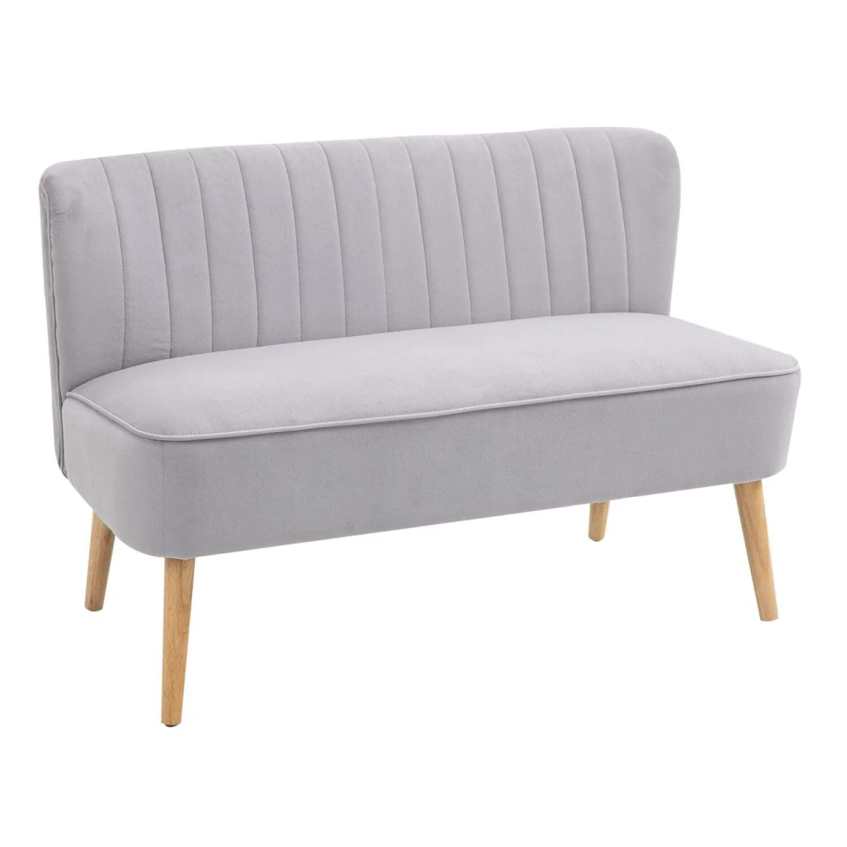 Haleco 2-Seater Light Grey Velvet-Feel Sofa, Panel-Tufted Back, Natural Wooden Legs – image 2
