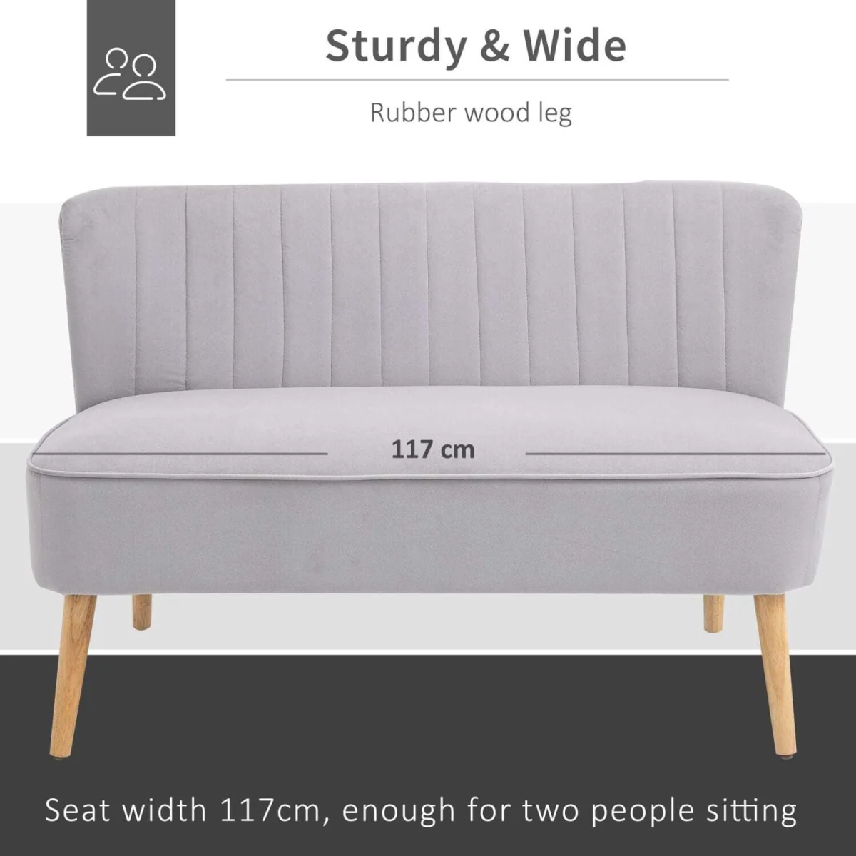 Haleco 2-Seater Light Grey Velvet-Feel Sofa, Panel-Tufted Back, Natural Wooden Legs – image 5