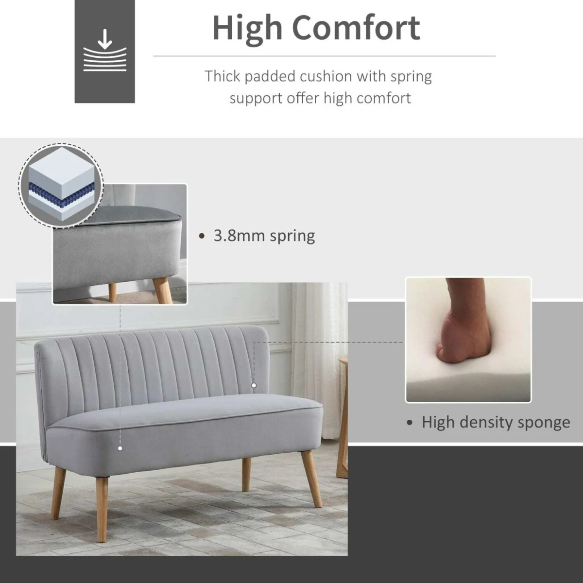 Haleco 2-Seater Light Grey Velvet-Feel Sofa, Panel-Tufted Back, Natural Wooden Legs – image 6