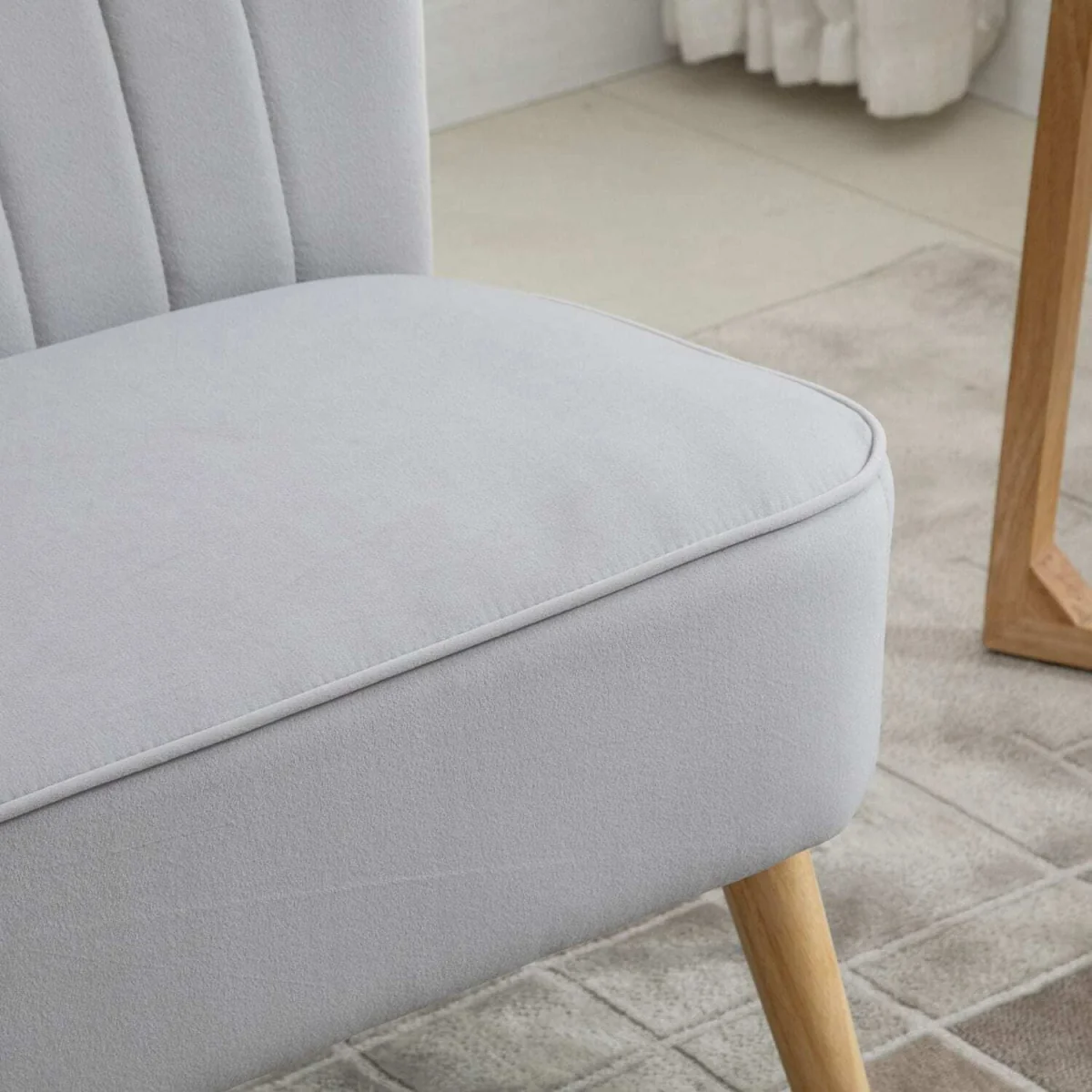 Haleco 2-Seater Light Grey Velvet-Feel Sofa, Panel-Tufted Back, Natural Wooden Legs – image 8