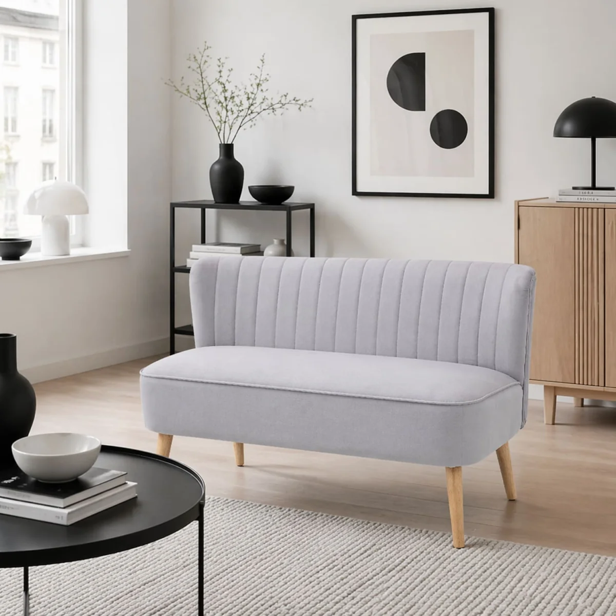 Haleco 2-Seater Light Grey Velvet-Feel Sofa, Panel-Tufted Back, Natural Wooden Legs – image 1