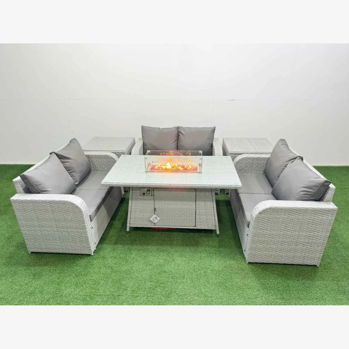 Fimous 6-Seater PE Rattan Sofa Set with Firepit Dining Table Light Grey - Light Grey – image 1