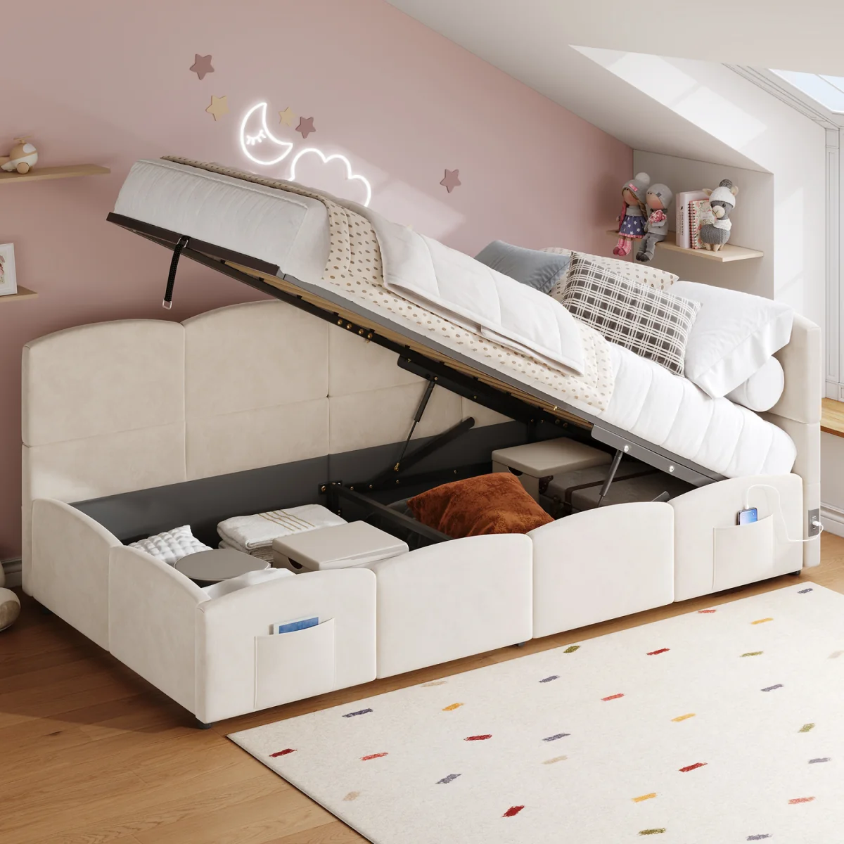 Upholstered Sofa Daybed with Hydraulic Storage and USB Charging - Cream – image 1