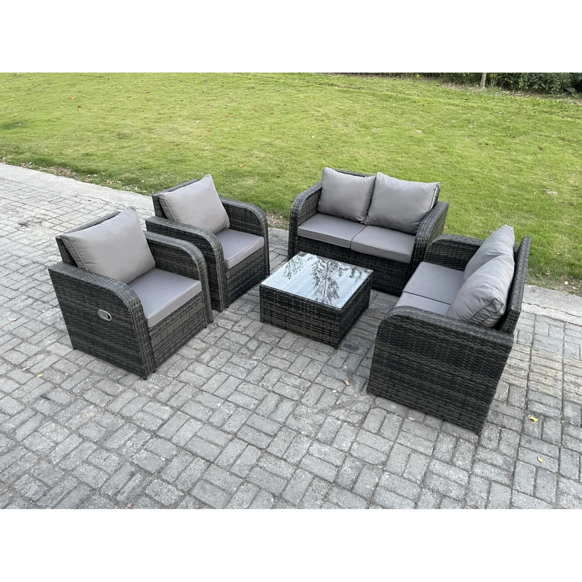 Fimous 6-Seater Rattan Sofa Set with Recliners and Dark Grey Glass Table - Dark grey mixed rattan with dark grey fabric – image 5