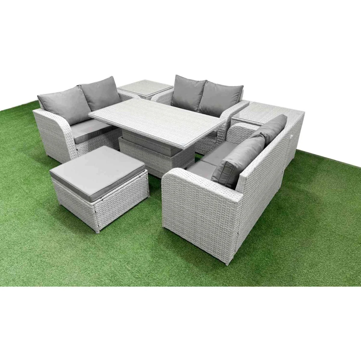 Fimous 7-Seater PE Wicker Rattan Sofa Set with Lift-Top Dining Table Light Grey - Light Grey – image 5