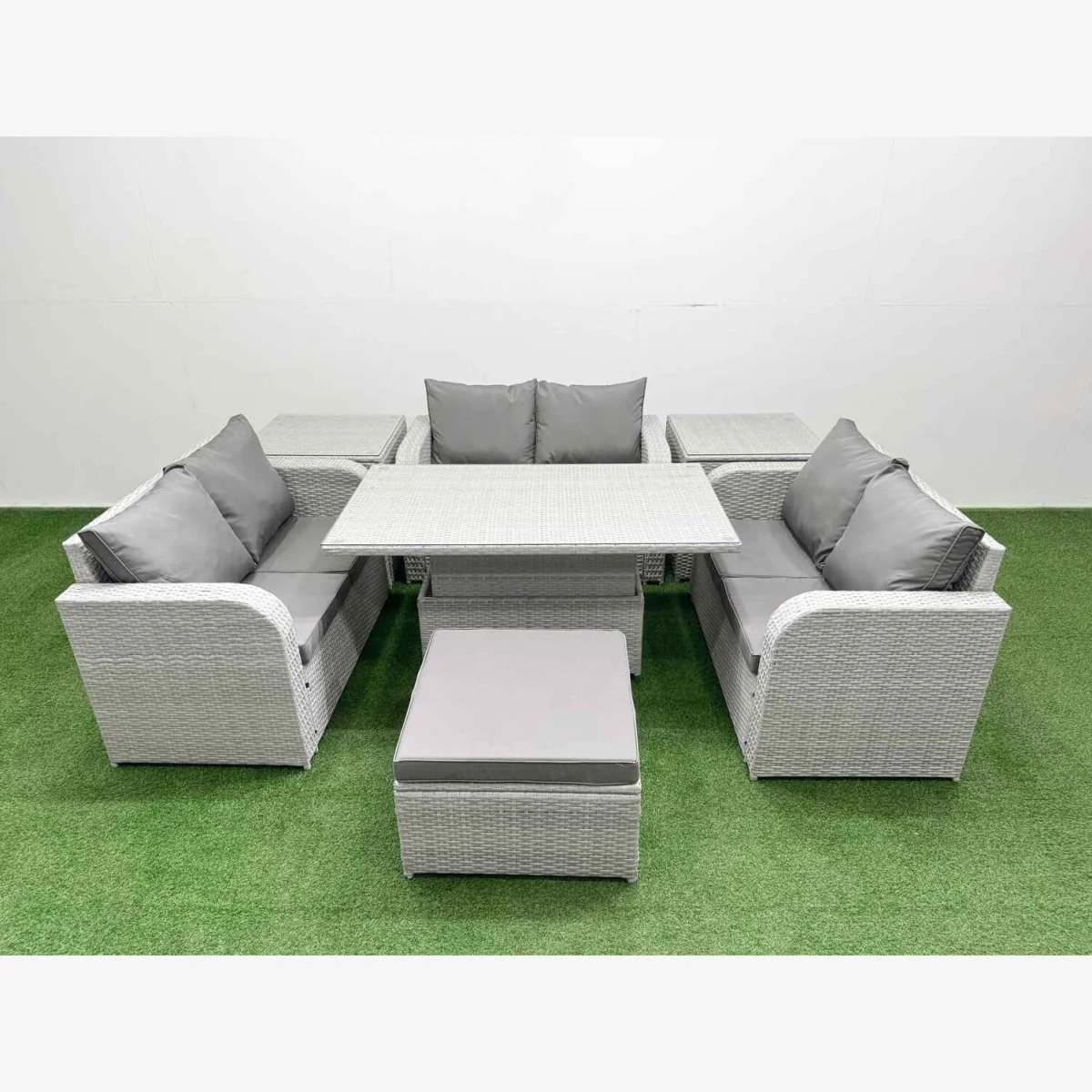 Fimous 7-Seater PE Wicker Rattan Sofa Set with Lift-Top Dining Table Light Grey - Light Grey – image 1