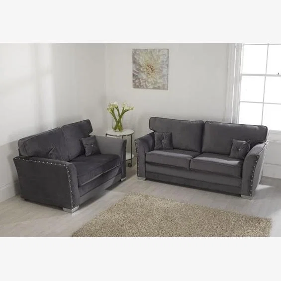 Elland Plush Velvet Grey Sofa Full Back 3 Plus 2 - Grey
