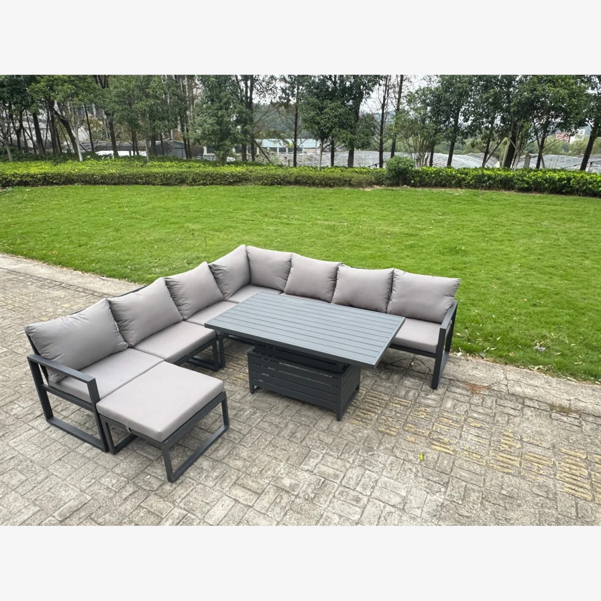 Aluminum 7 Piece 8-Seater Sofa Set with Rising Table & Cushions - Dark grey