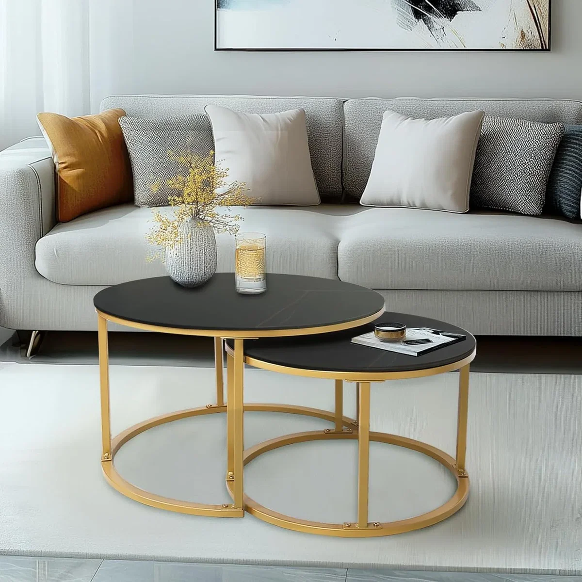 Nesting Coffee End Sofa Tables - Black/ Gold