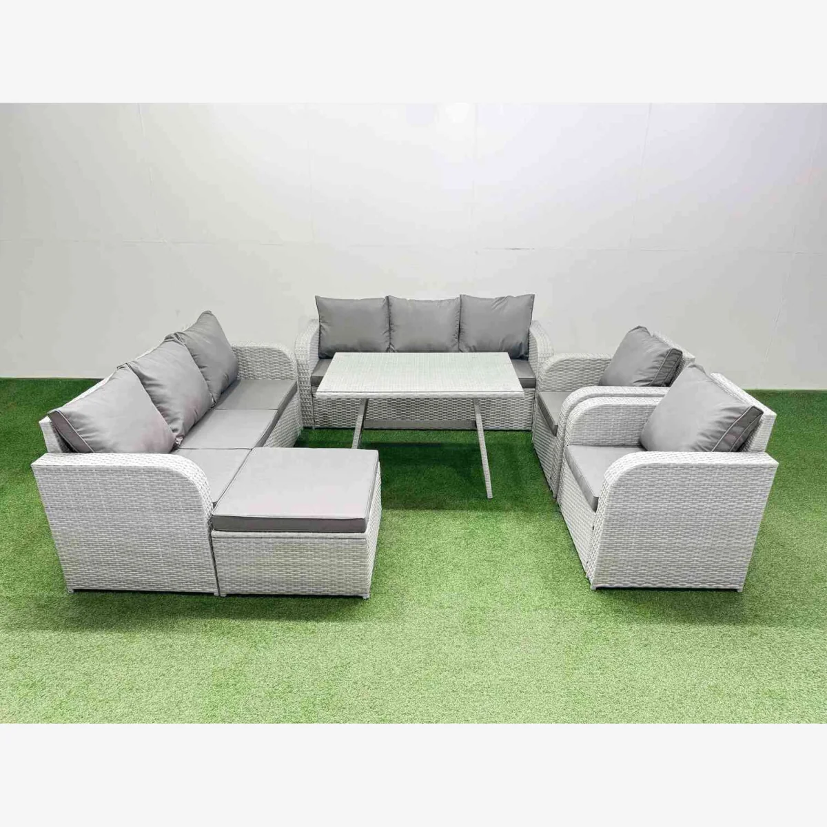 Fimous PE Rattan High Back Lounge Sofa Set with 2 x 3-Seaters, 2 Recliners & Dining Table. - Light Grey – image 1