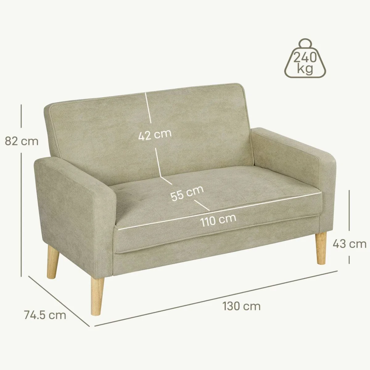 Vikava Beige Velvet Two-Seater Sofa - Natural Wooden Legs – image 4