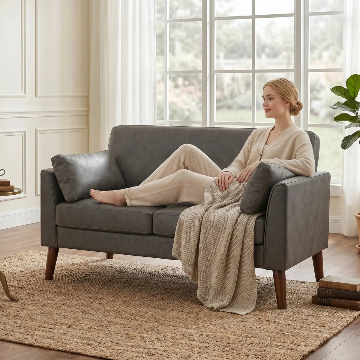 HOMCOM 2 Seater Sofa, 132 cm Modern Small Sofa with Solid Wood Legs - Grey – image 3