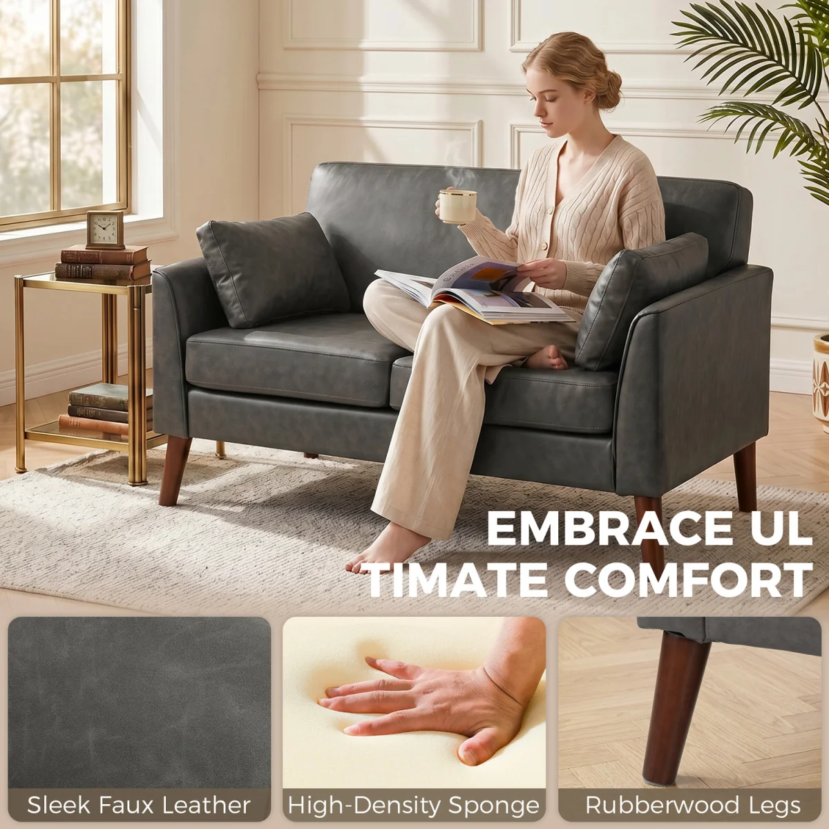 HOMCOM 2 Seater Sofa, 132 cm Modern Small Sofa with Solid Wood Legs - Grey – image 6