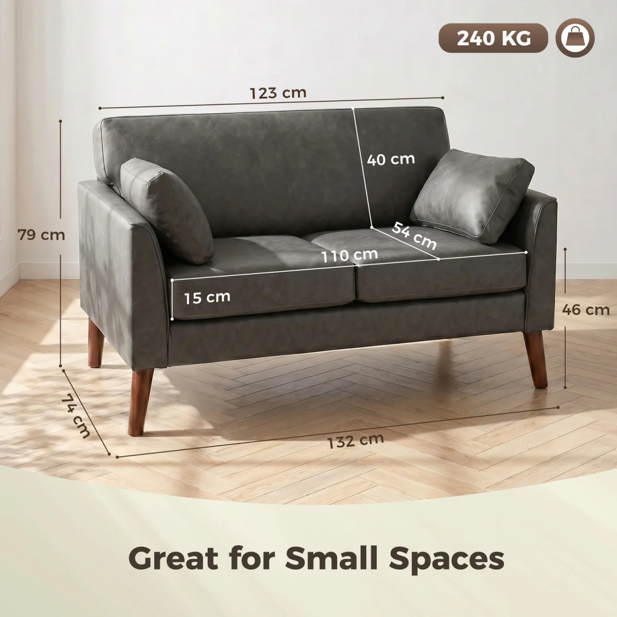 HOMCOM 2 Seater Sofa, 132 cm Modern Small Sofa with Solid Wood Legs - Grey – image 7