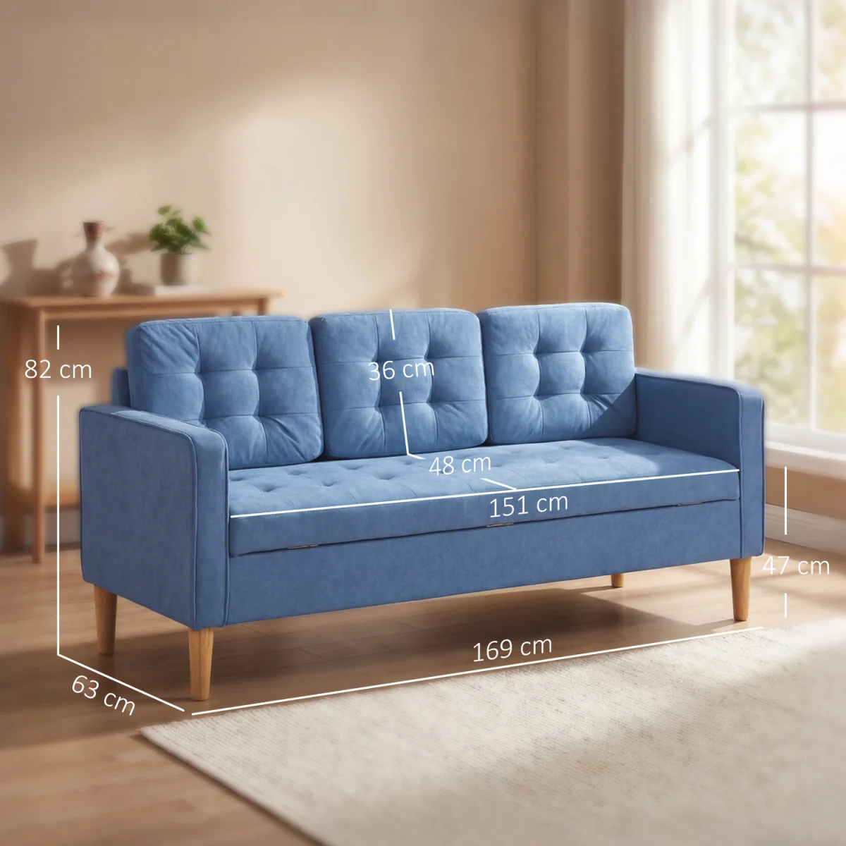 HOMCOM Modern 3 Seater Sofa with Hidden Storage and Rubber Wood Legs - Blue – image 3