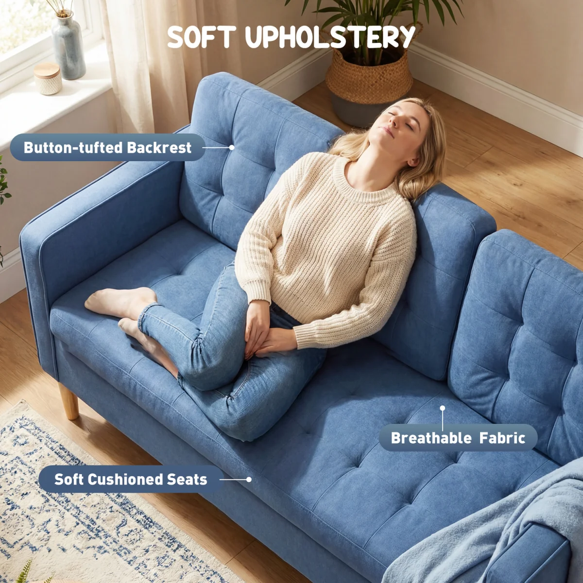 HOMCOM Modern 3 Seater Sofa with Hidden Storage and Rubber Wood Legs - Blue – image 4