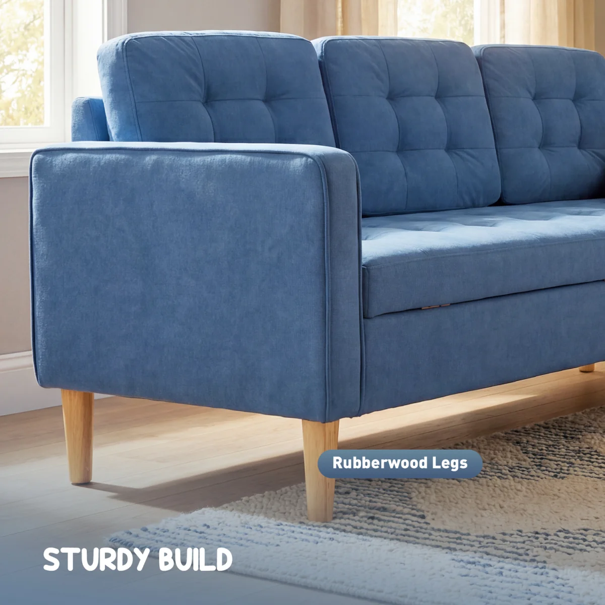 HOMCOM Modern 3 Seater Sofa with Hidden Storage and Rubber Wood Legs - Blue – image 5