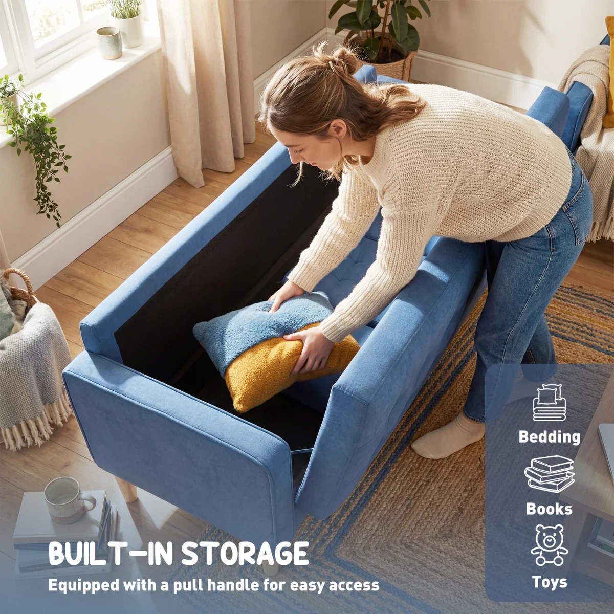 HOMCOM Modern 3 Seater Sofa with Hidden Storage and Rubber Wood Legs - Blue – image 6