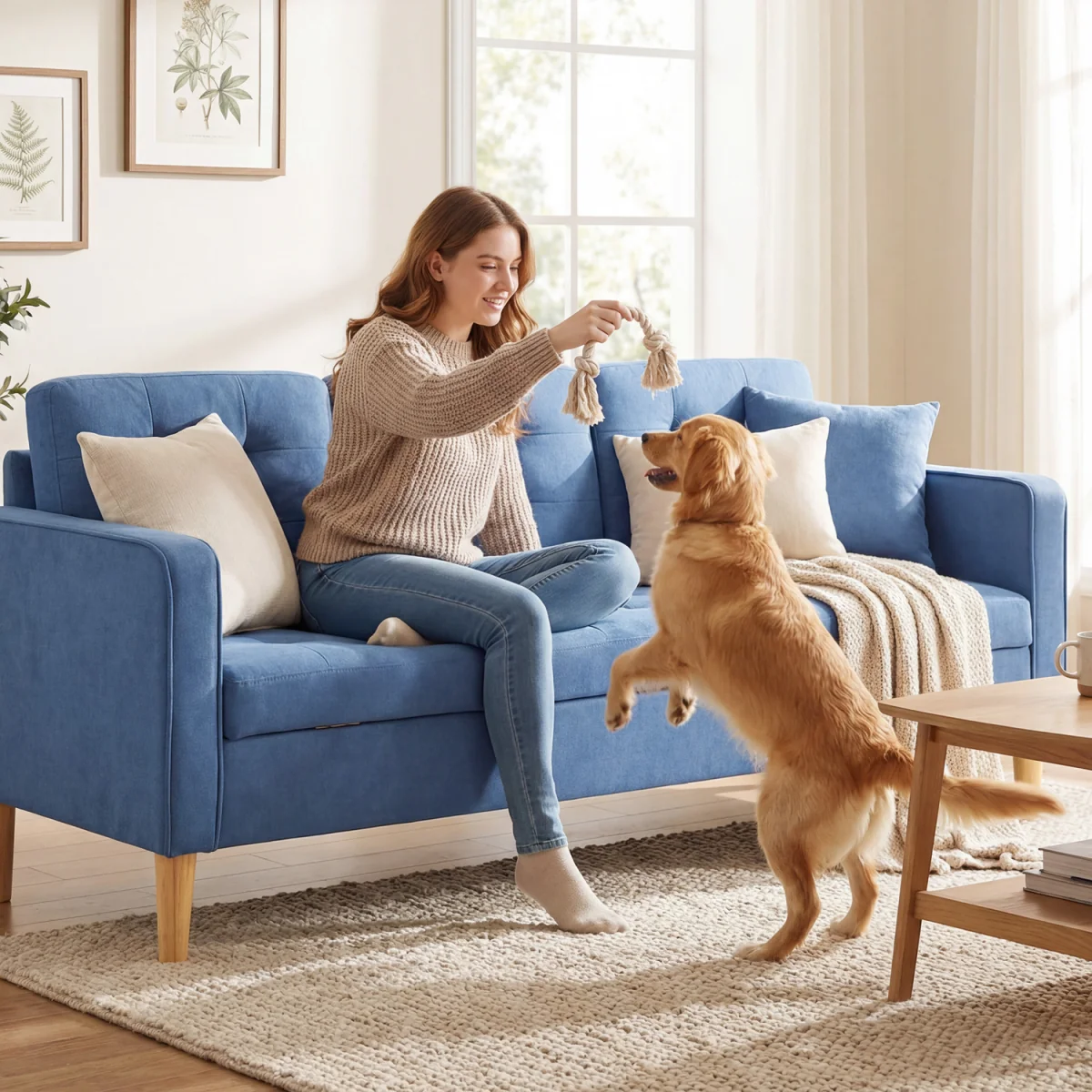 HOMCOM Modern 3 Seater Sofa with Hidden Storage and Rubber Wood Legs - Blue – image 7