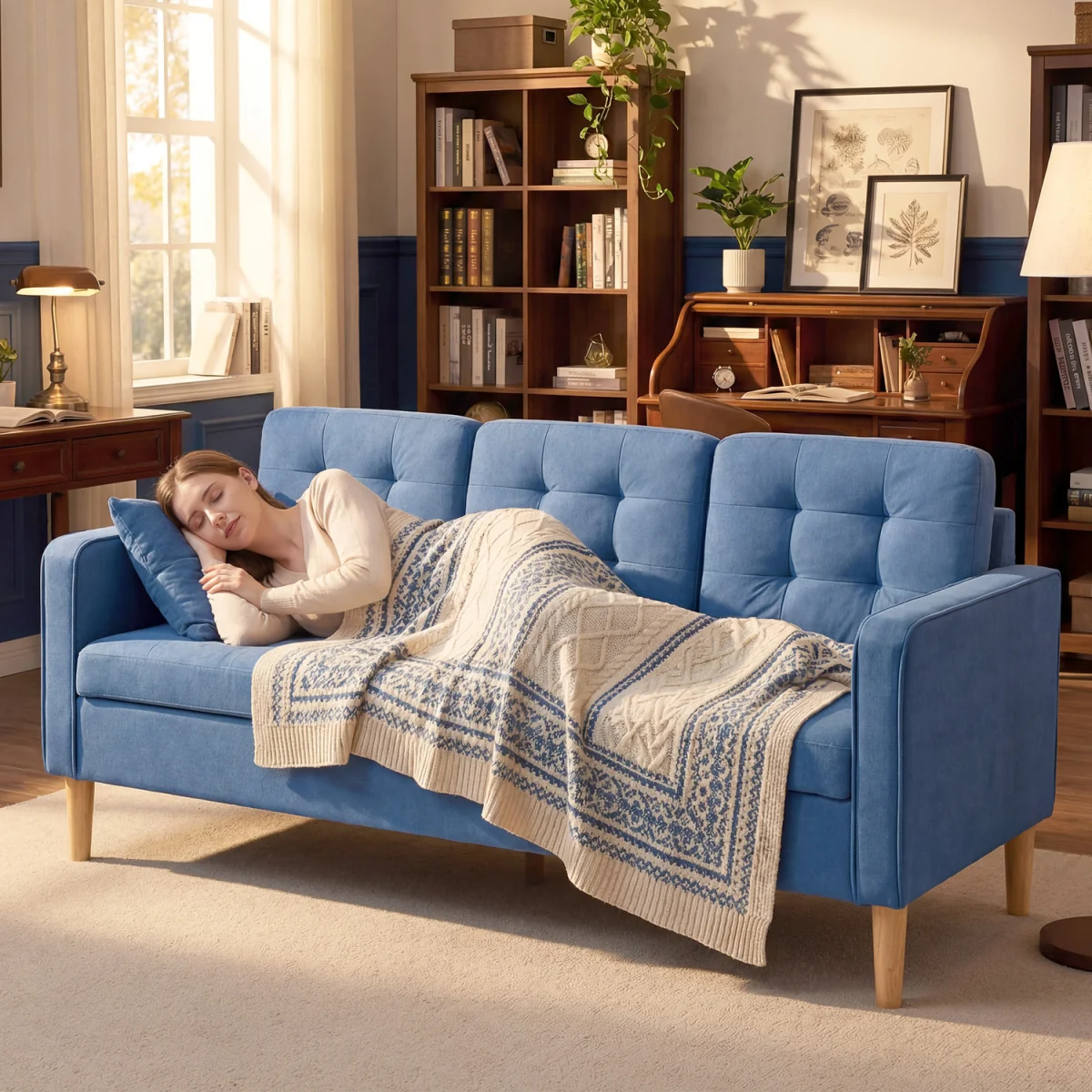 HOMCOM Modern 3 Seater Sofa with Hidden Storage and Rubber Wood Legs - Blue – image 8