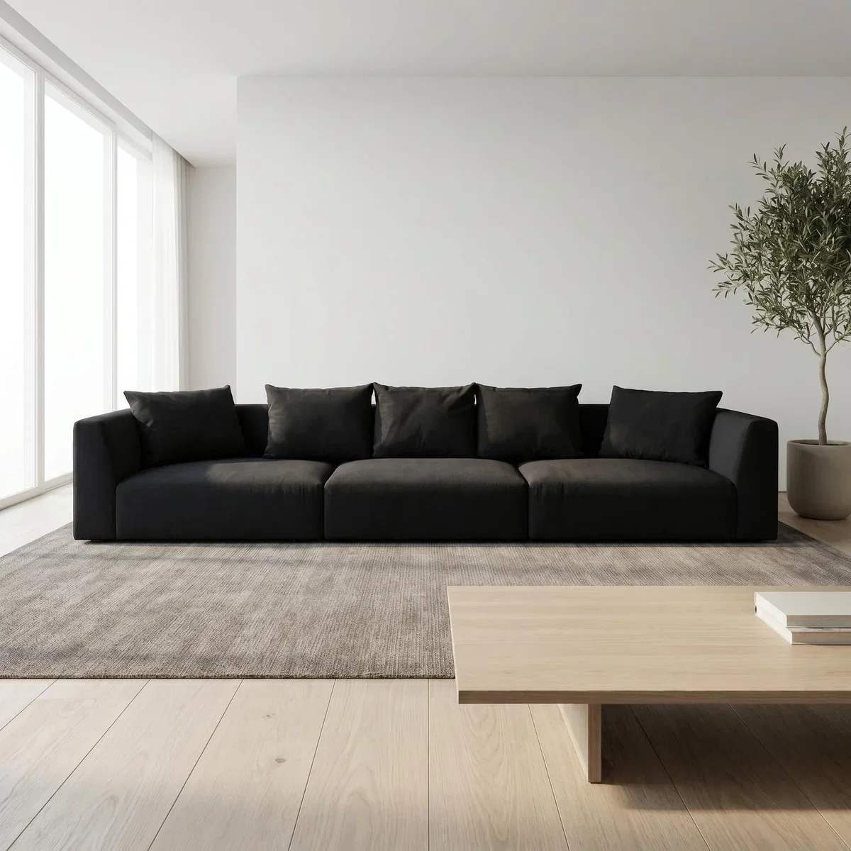 Tokyo 5 Seater Sofa in Soft Sand Basket Weave Fabric with Deep Seat - Deep Black