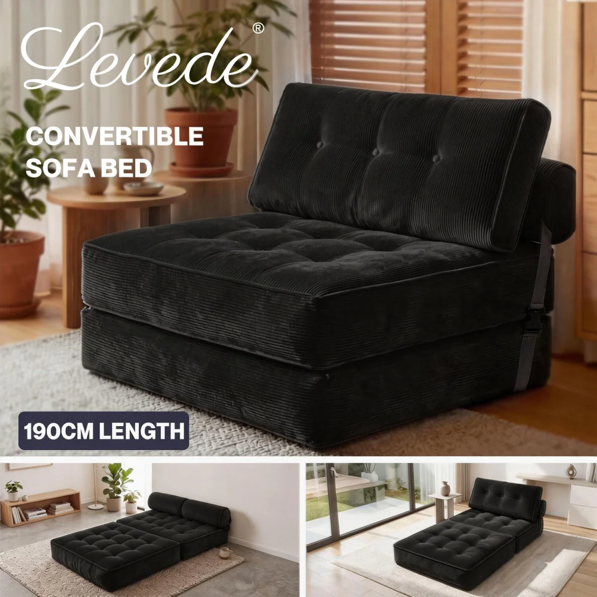 Levede Single Convertible Foldable Floor Mattress Sofa Bed - Black – image 2