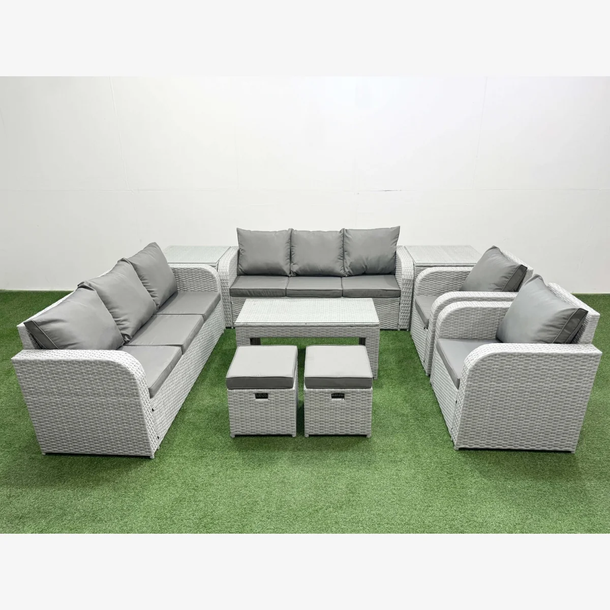 Fimous PE Rattan 10-Seat Patio Sofa Set with Recliners and Glass Table Grey - Light grey rattan with dark grey fabric – image 1