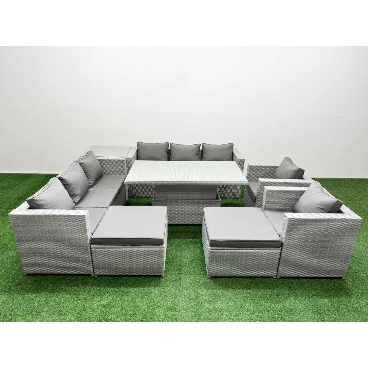 Fimous 8-Piece Rising Dining Rattan Furniture Set with 3-Seater Sofas Light Grey - Light grey mixed rattan with dark grey fabric – image 5
