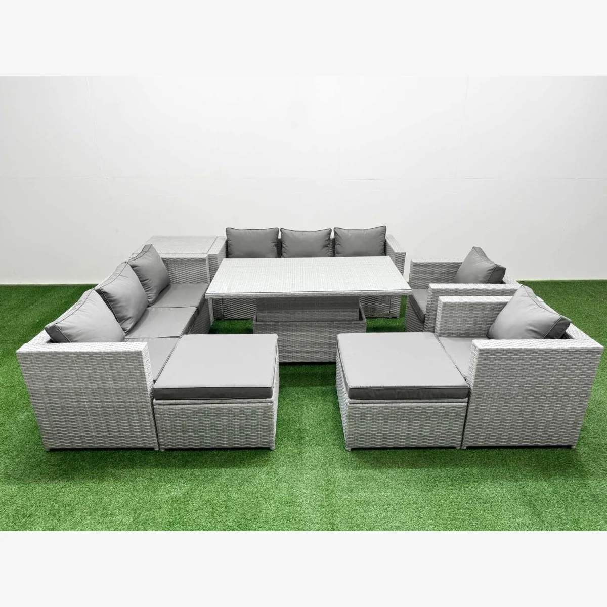 Fimous 8-Piece Rising Dining Rattan Furniture Set with 3-Seater Sofas Light Grey - Light grey mixed rattan with dark grey fabric – image 1
