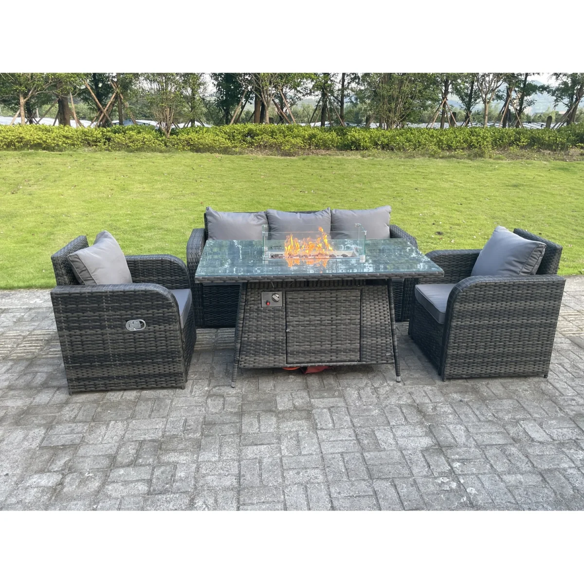 Rattan 5 Seater Gas Fire Pit Sofa Set Reclining Chairs - Dark Grey Mixed – image 2