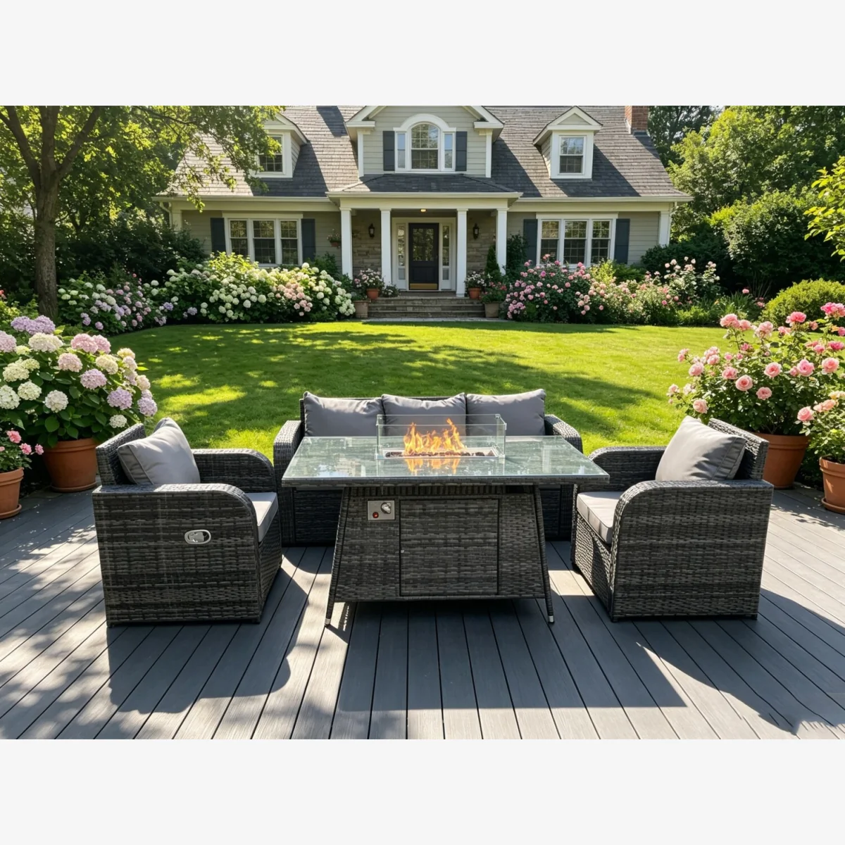 Rattan 5 Seater Gas Fire Pit Sofa Set Reclining Chairs - Dark Grey Mixed – image 1