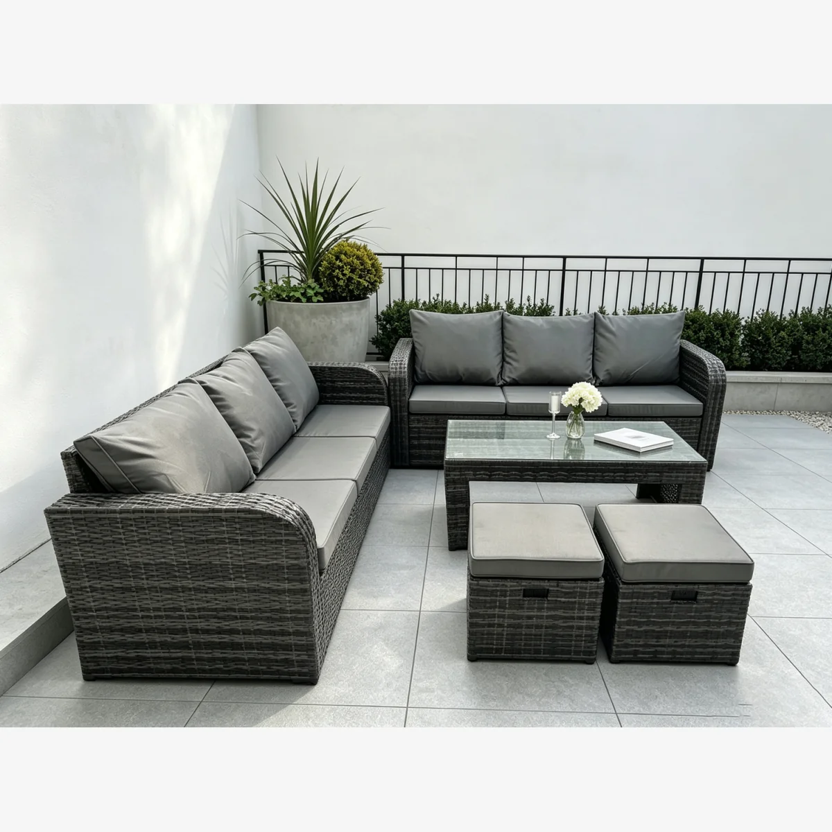 Fimous 8-Seater High-Back Rattan Lounge Sofa Set with Stools - Dark Grey