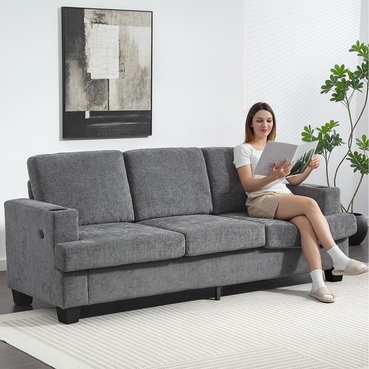 HOMCOM 3 Seater Sofa, Fabric Sofa with USB Ports and Cup Holders - Grey