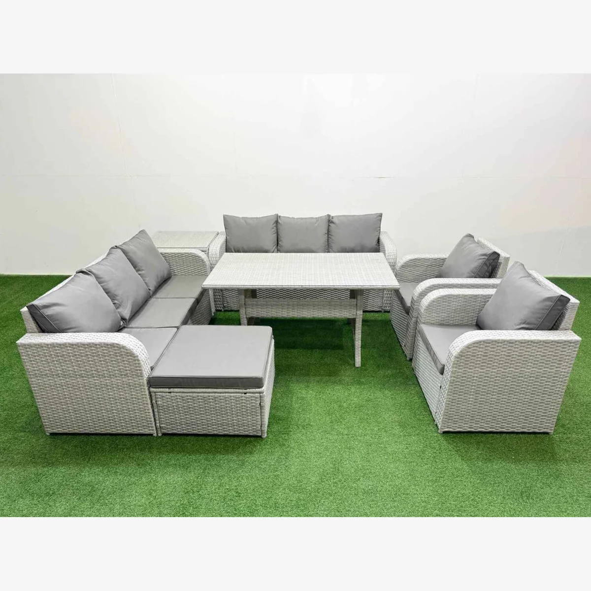 Fimous PE Rattan High-Back Lounge & Dining Sofa Set, Light Grey. - Light grey PE rattan with dark grey fabric – image 1