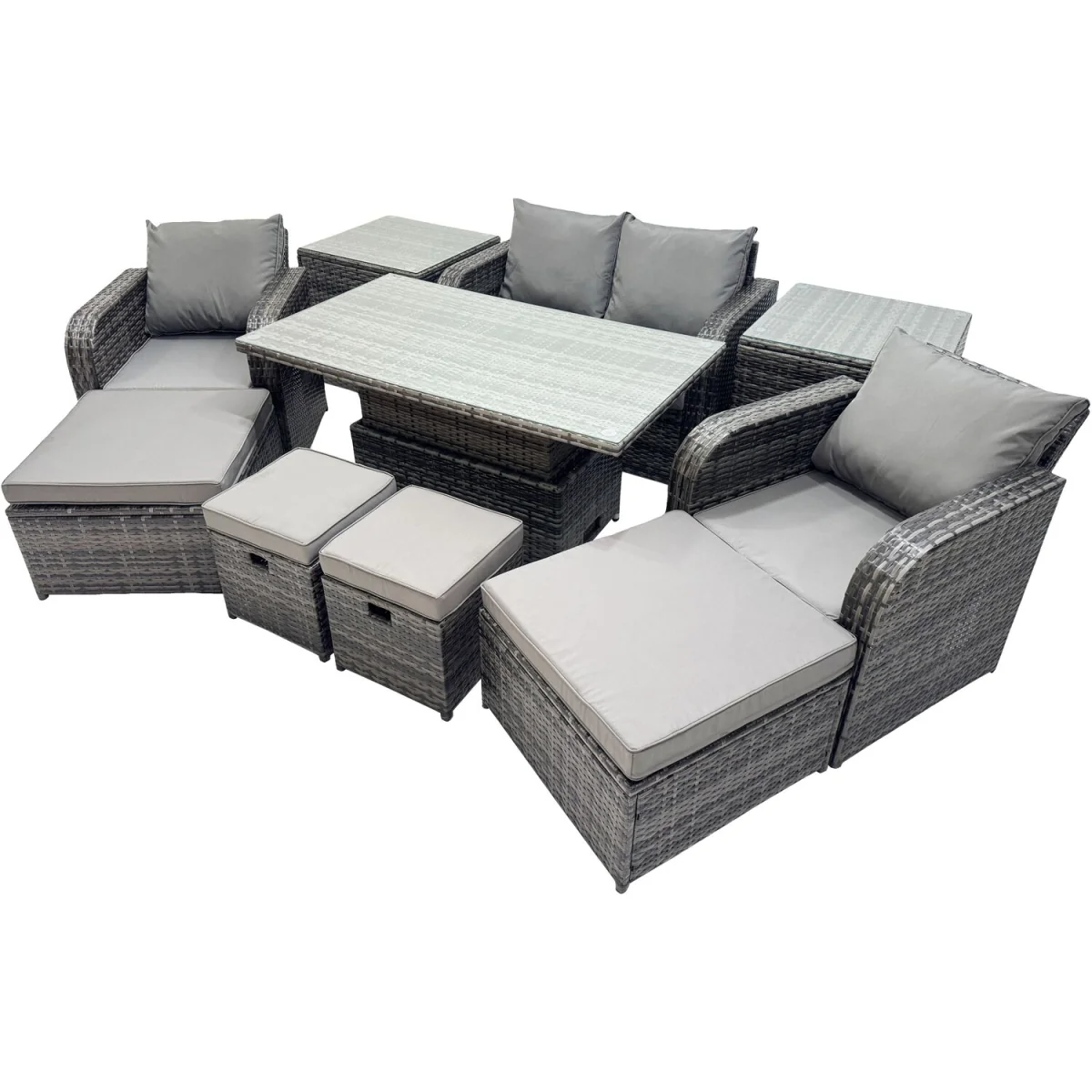 Fimous 8-Seater Patio Rattan Sofa Set with Rising Table and Cushions Dark Grey Mixed - Dark Grey Mixed rattan with dark grey fabric – image 5