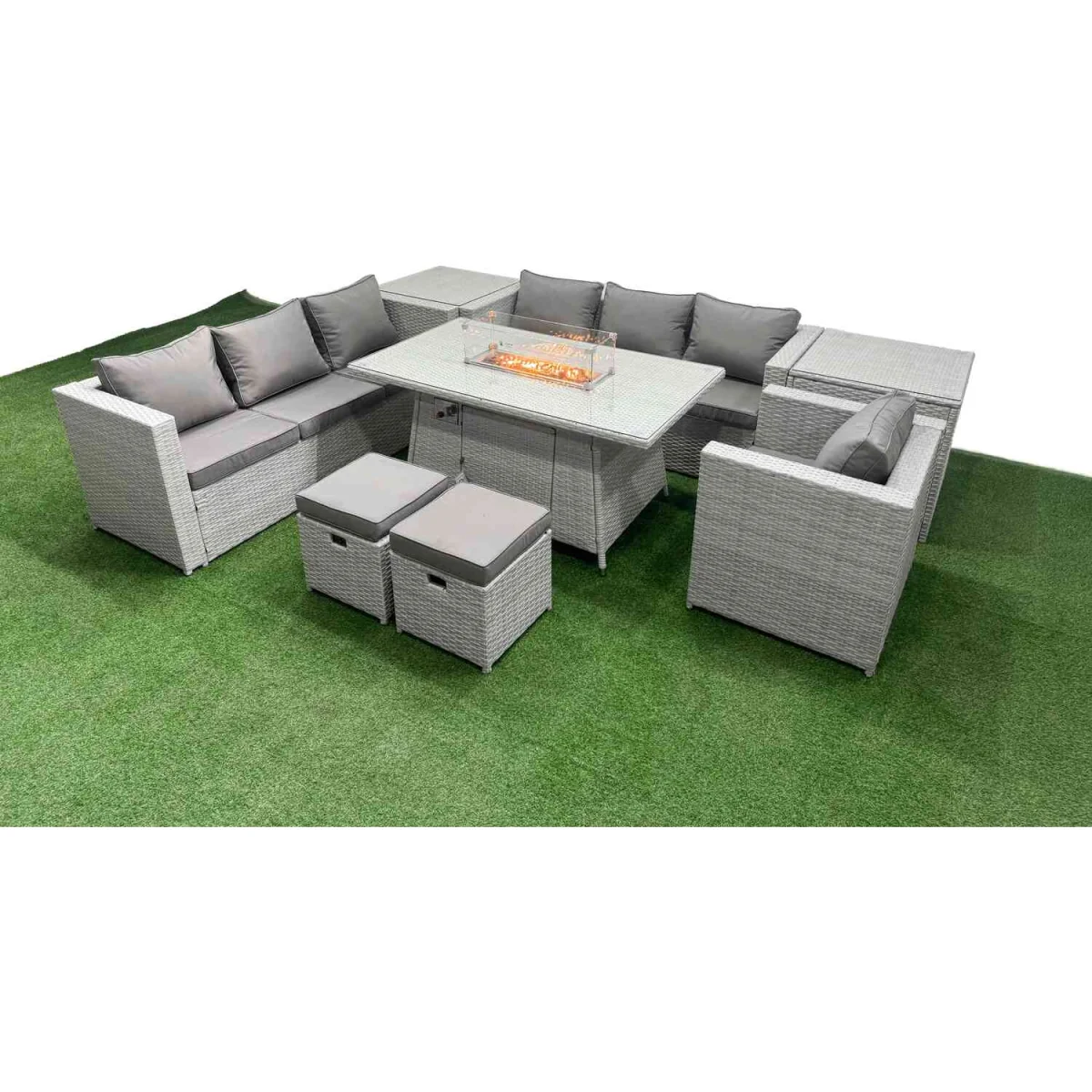 Fimous 9 Seat PE Rattan Lounge Sofa Set with Firepit Dining Table Light Grey. - Light Grey – image 4
