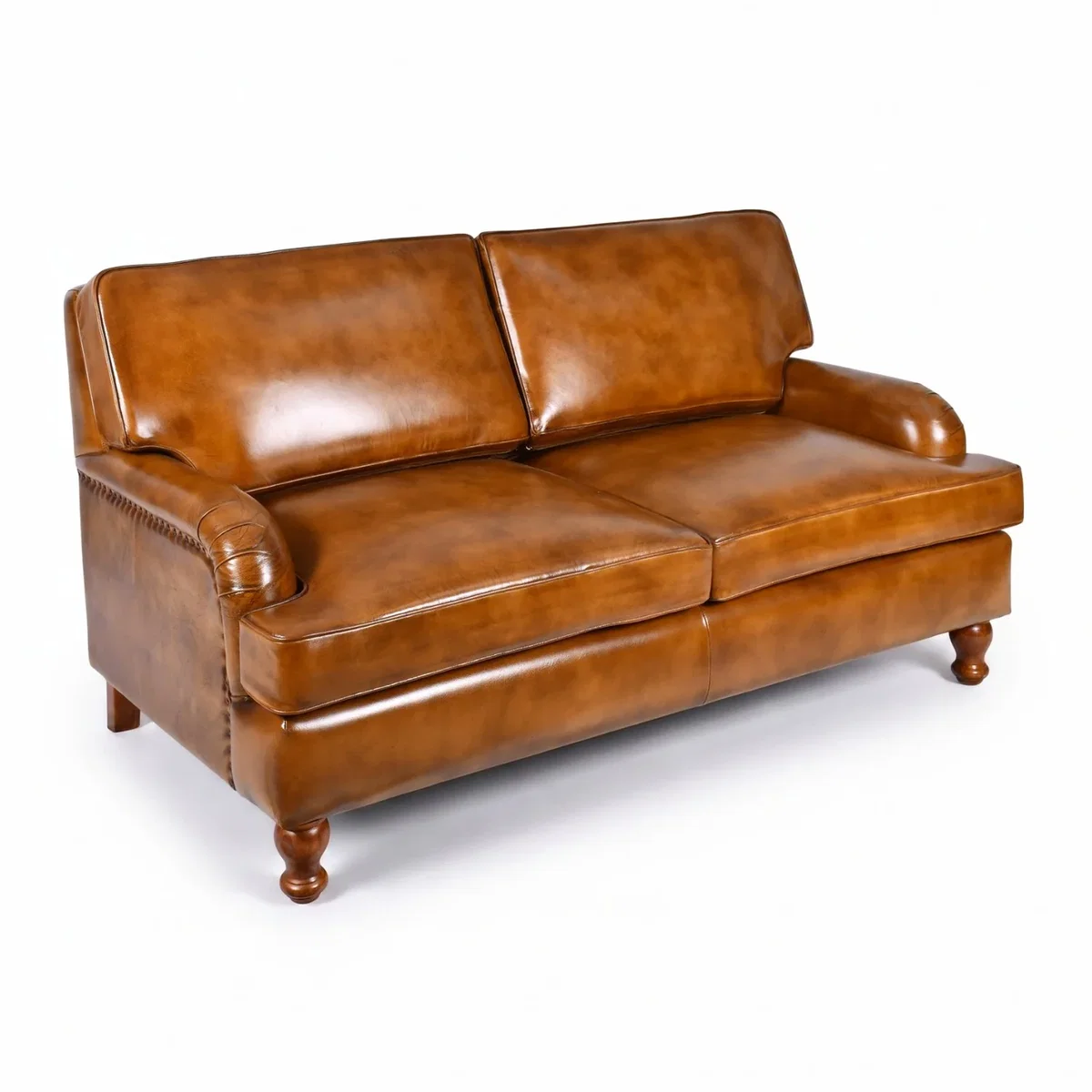 Tan Brown Genuine Real Hide Leather 2 Seater Sofa Vintage Leather Couch with Rolled Arms & Wooden - Brown – image 2