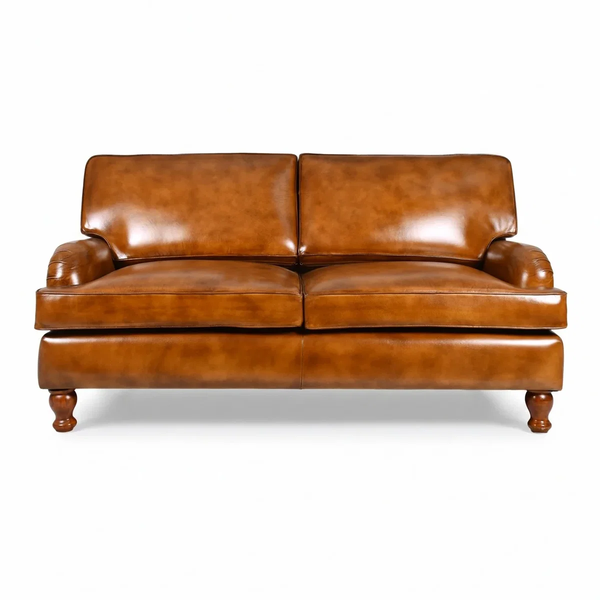 Tan Brown Genuine Real Hide Leather 2 Seater Sofa Vintage Leather Couch with Rolled Arms & Wooden - Brown – image 3