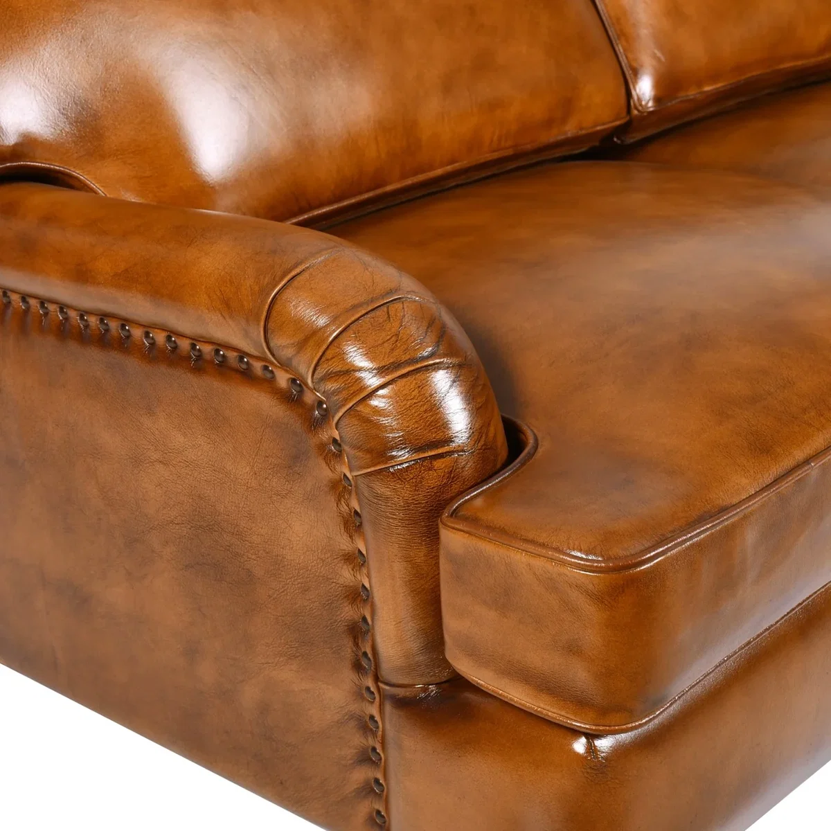 Tan Brown Genuine Real Hide Leather 2 Seater Sofa Vintage Leather Couch with Rolled Arms & Wooden - Brown – image 4