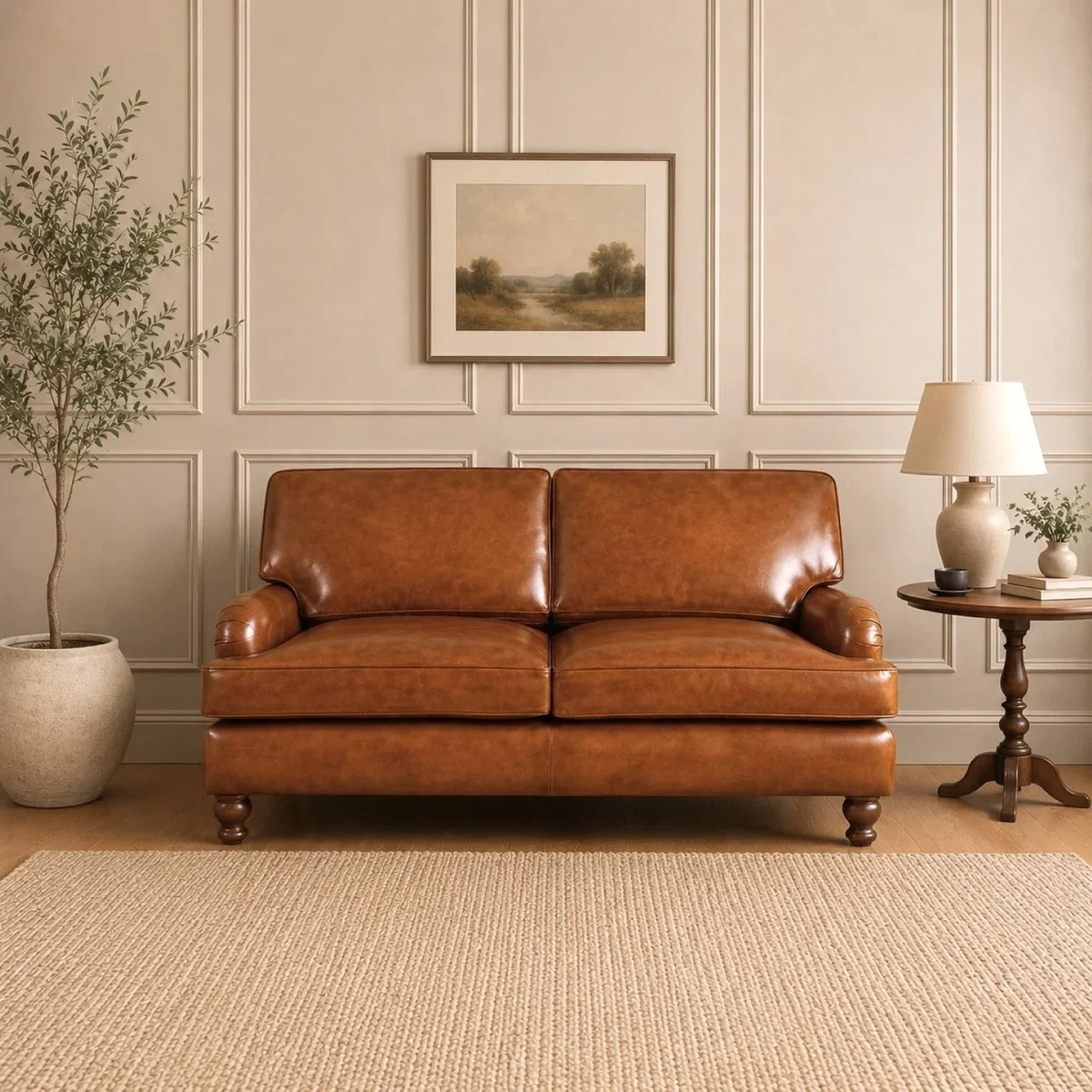 Tan Brown Genuine Real Hide Leather 2 Seater Sofa Vintage Leather Couch with Rolled Arms & Wooden - Brown – image 1