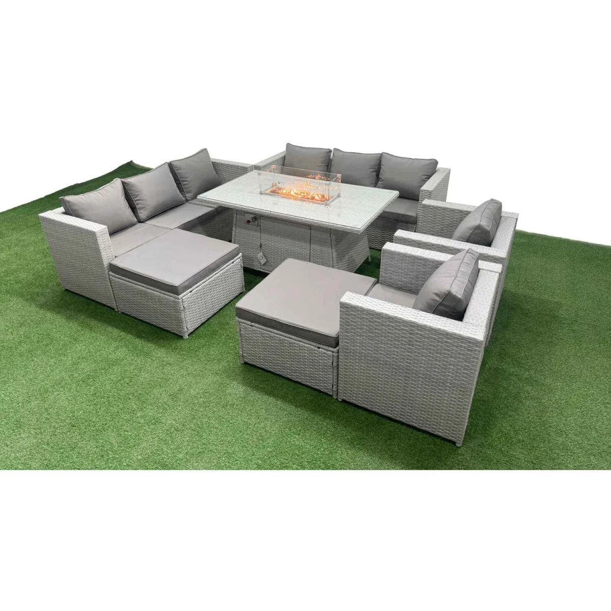 Fimous 10-Seat PE Rattan Lounge Sofa Set with Fire Pit Table, Light Grey. - Light Grey – image 3