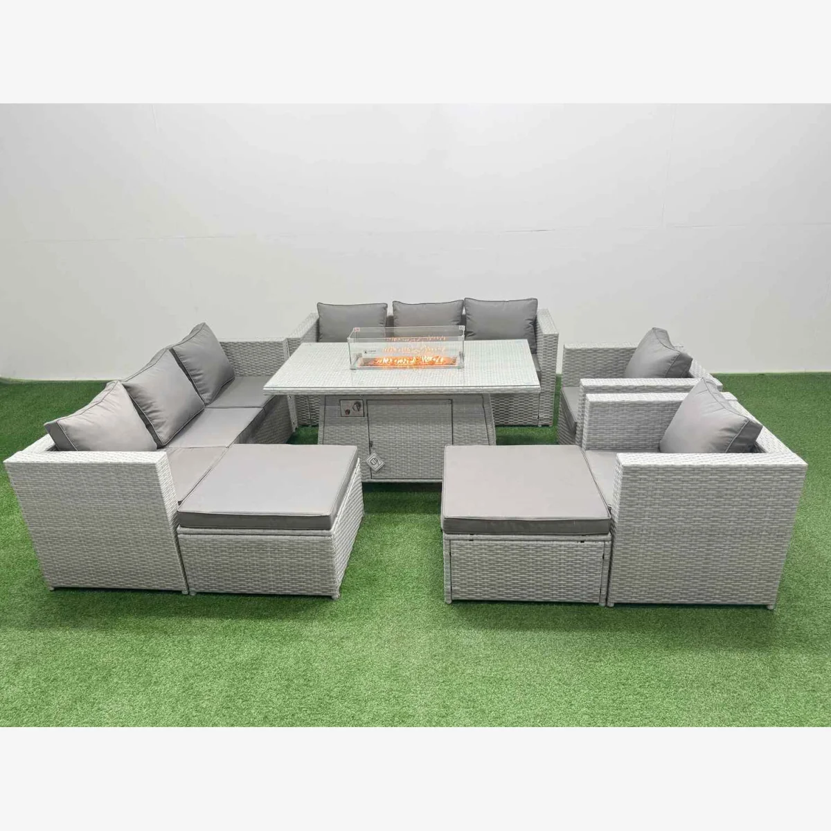 Fimous 10-Seat PE Rattan Lounge Sofa Set with Fire Pit Table, Light Grey. - Light Grey – image 1
