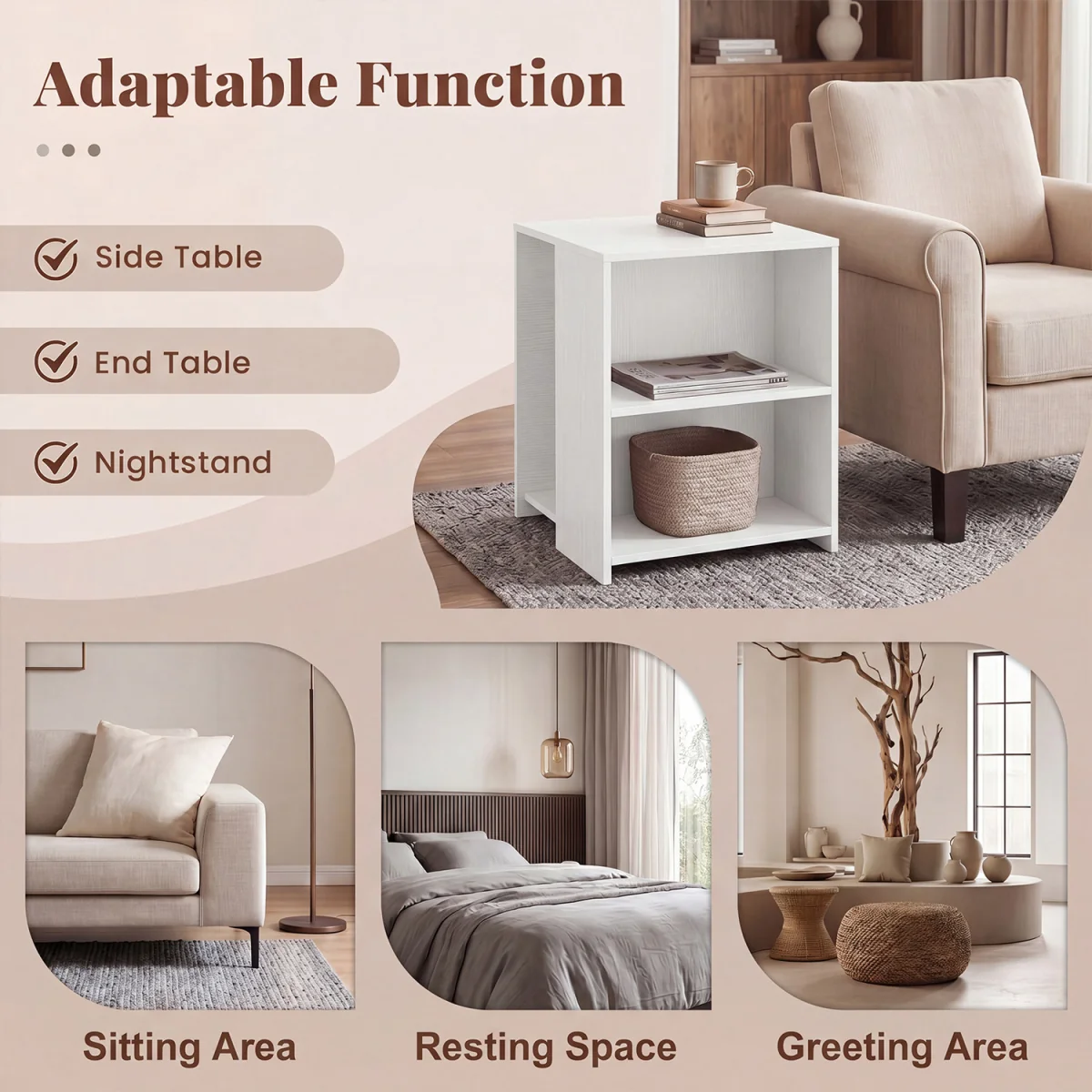 3 Tier Square Sofa End Table with Open Shelves - White – image 8