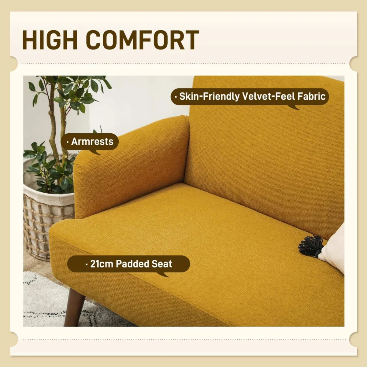 Rorore Yoro Velvet Yellow Compact 2-Seater Sofa - Thick Padded Seat, Wooden Legs – image 5